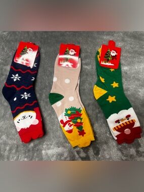Christmas Socks Trio - Festive Navy Blue, Beige, and Green Holiday Socks